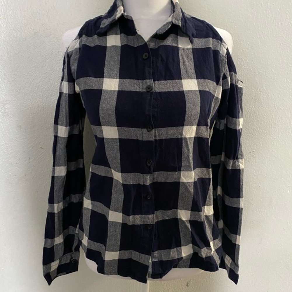 Zara Basic Plaid Cold Shoulder Top - Black  and White size M